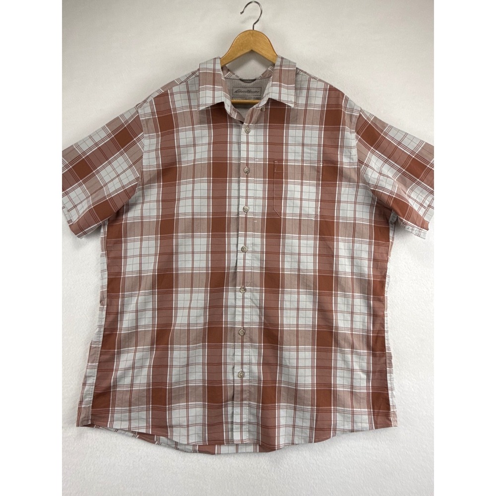 Eddie Bauer Shirt Mens 2XLT Classic Fit Plaid Short Sleeve‎ Orange White